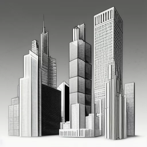 2779404365-Skyscrapers. Cubes floating in the air. Graphic style. wireframe drawing. Black and white. Street view.webp